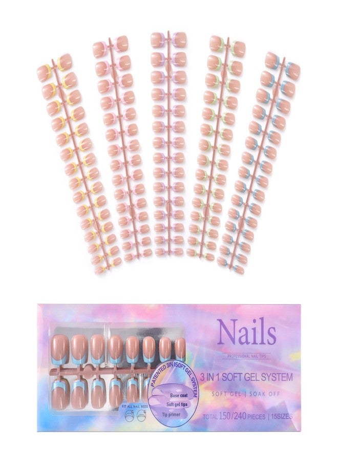 Rolabling 150Pcs Gel Press On Nails 8 Trendy Designs in 5 Colors 15 Sizes False Nails Kit Salon Quality Acrylic Nail Tips French & Solid Color Fake Nails Extensions (01, 5 Colors) - Image 1